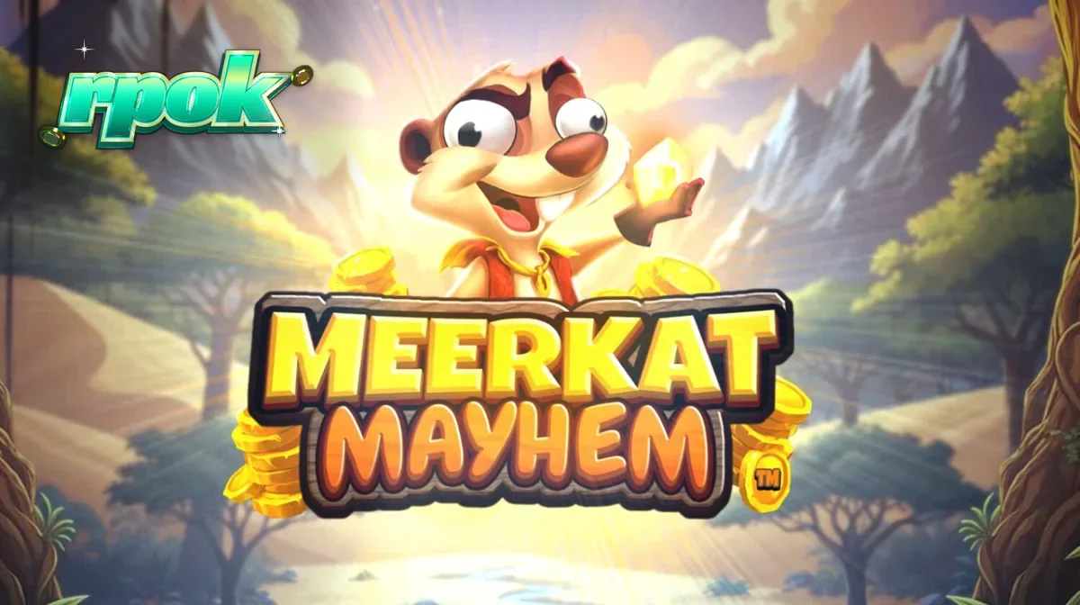 Meerkat Mayhem slot game interface showing desert ruins and meerkat characters